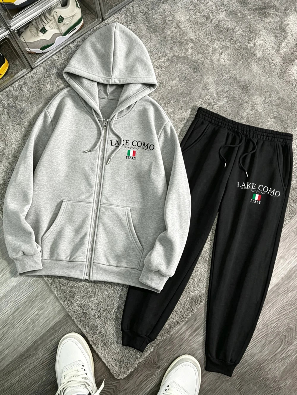 Set Donna Due Pezzi Hoodie con Zip – Stampa Lake Como Italy Fleece Oversize Invernale