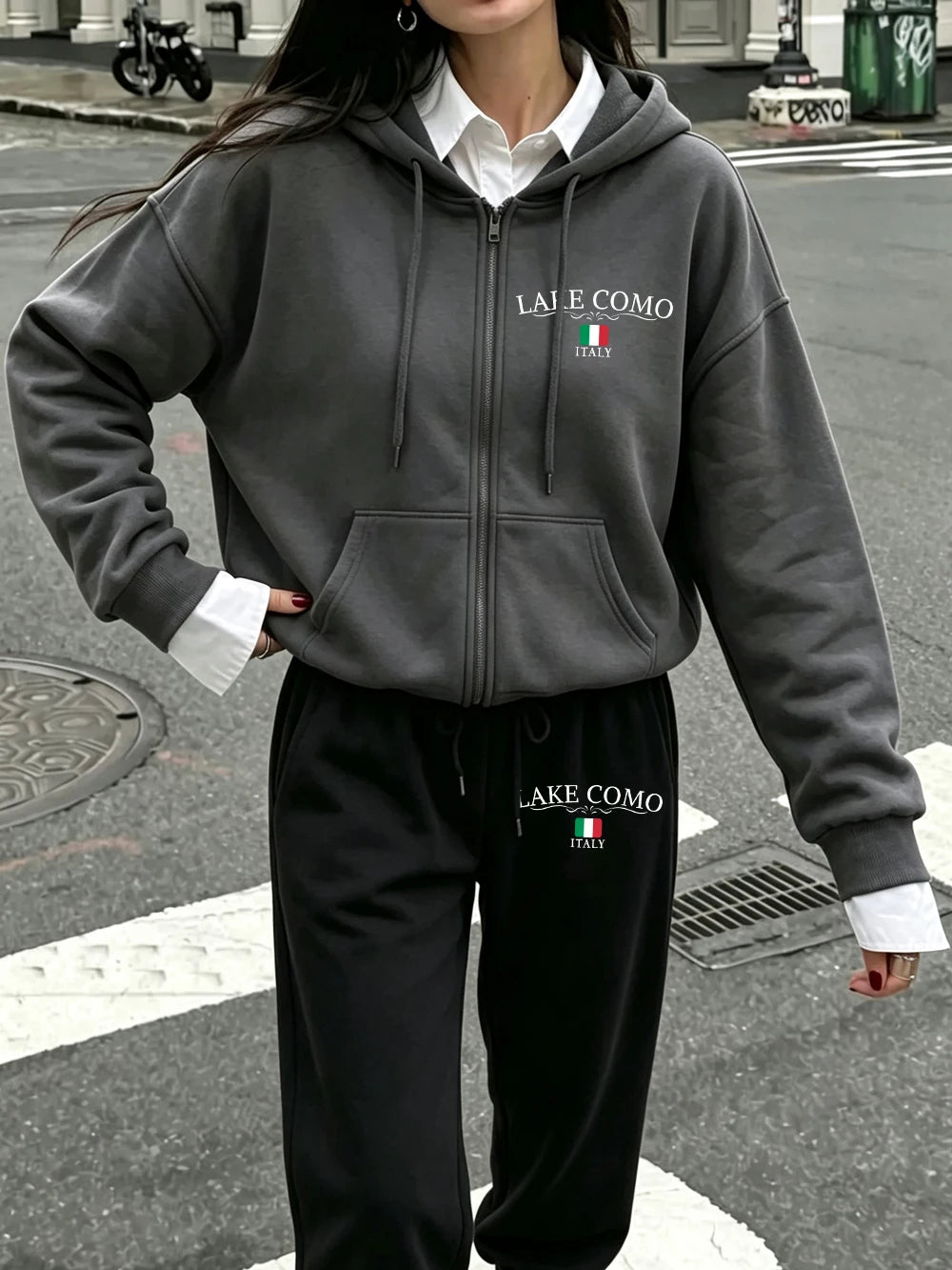 Set Donna Due Pezzi Hoodie con Zip – Stampa Lake Como Italy Fleece Oversize Invernale