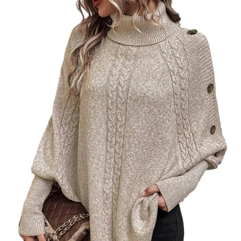 Maglione Donna Collo Alto a Bottoni – Pullover Pipistrello Tinta Unita Caldo Autunno Inverno
