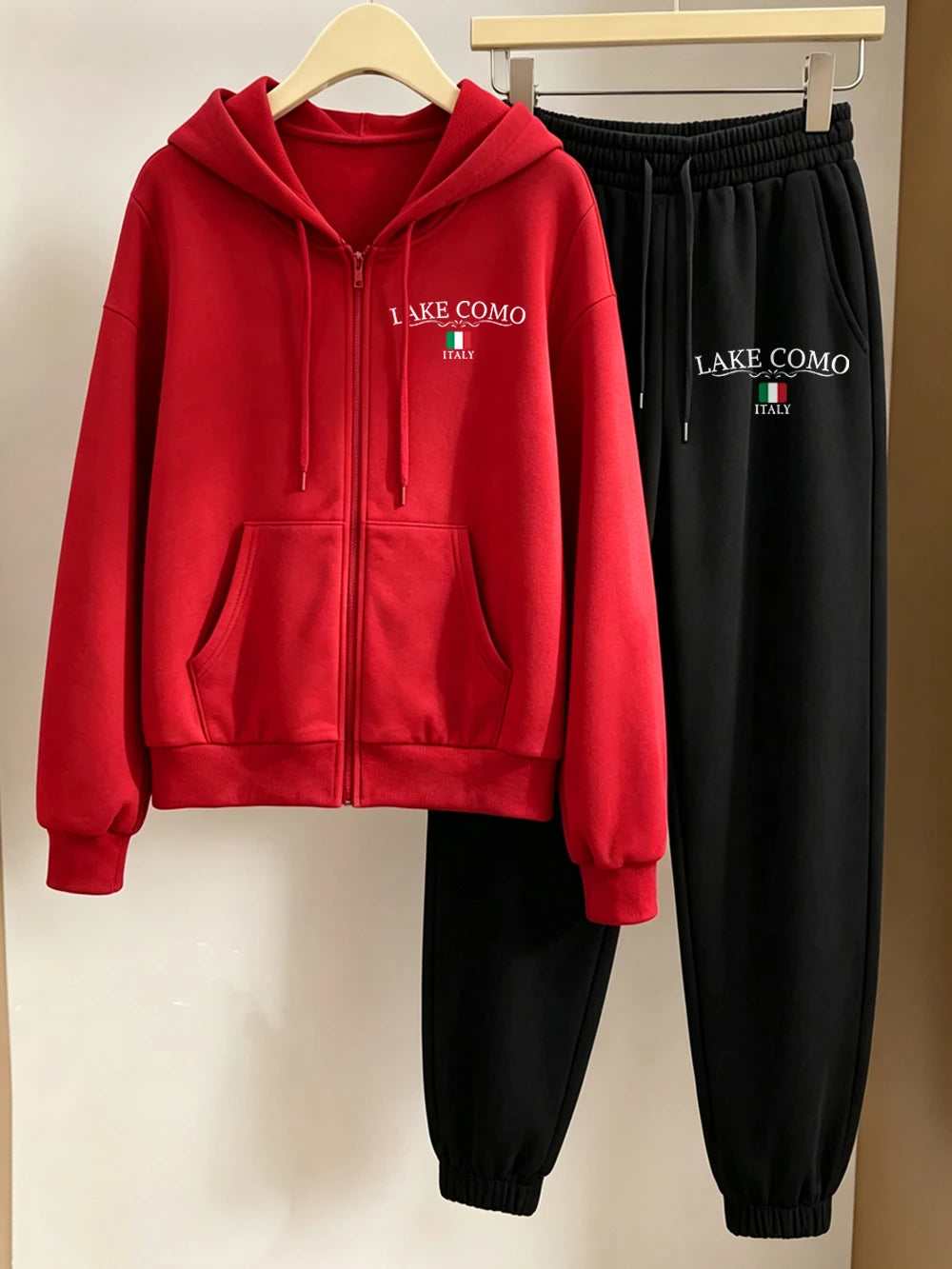 Set Donna Due Pezzi Hoodie con Zip – Stampa Lake Como Italy Fleece Oversize Invernale