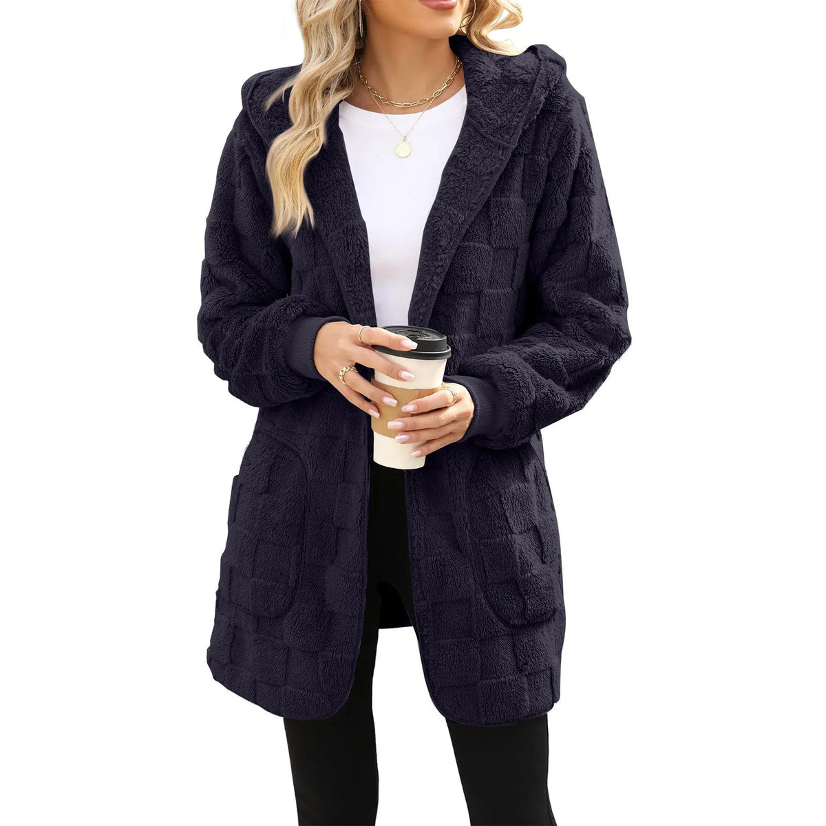 Cardigan Donna con Cappuccio in Peluche – Giacca Aperta Manica Lunga Calda Autunno Inverno