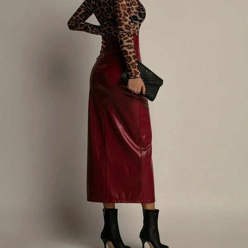 Gonna Tubino in Pelle PU con Spacco – Elegante da Ufficio Donna