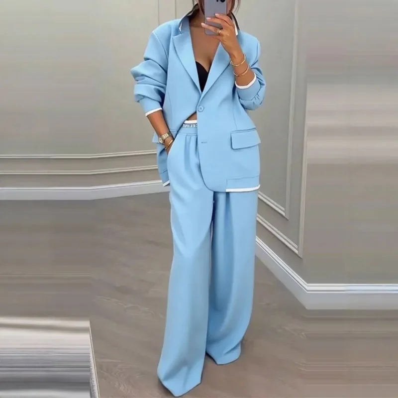 Completo da donna casual Set autunno sexy colletto rovesciato giacca con bottoni e pantaloni a gamba dritta Set completo invernale a maniche lunghe solido