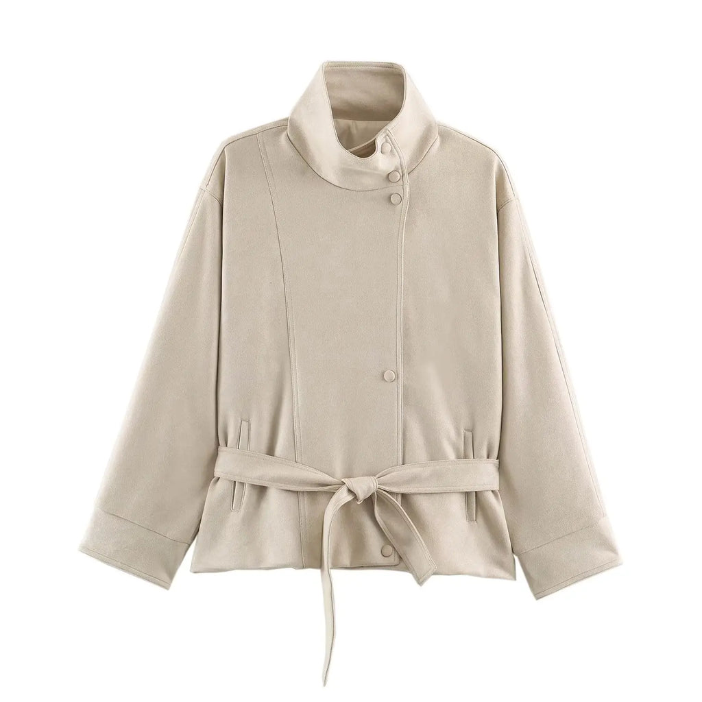 Cappotto Donna Vintage con Cintura in Finta Pelle Scamosciata