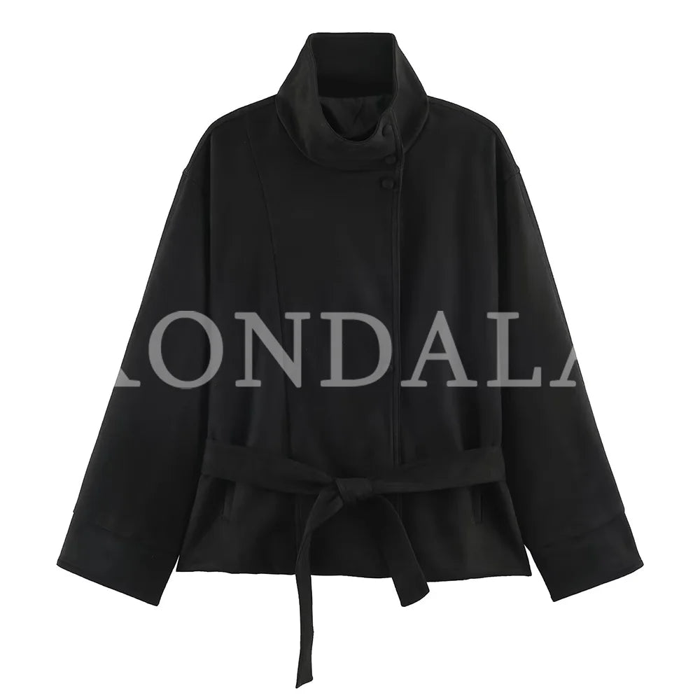 Cappotto Donna Vintage con Cintura in Finta Pelle Scamosciata