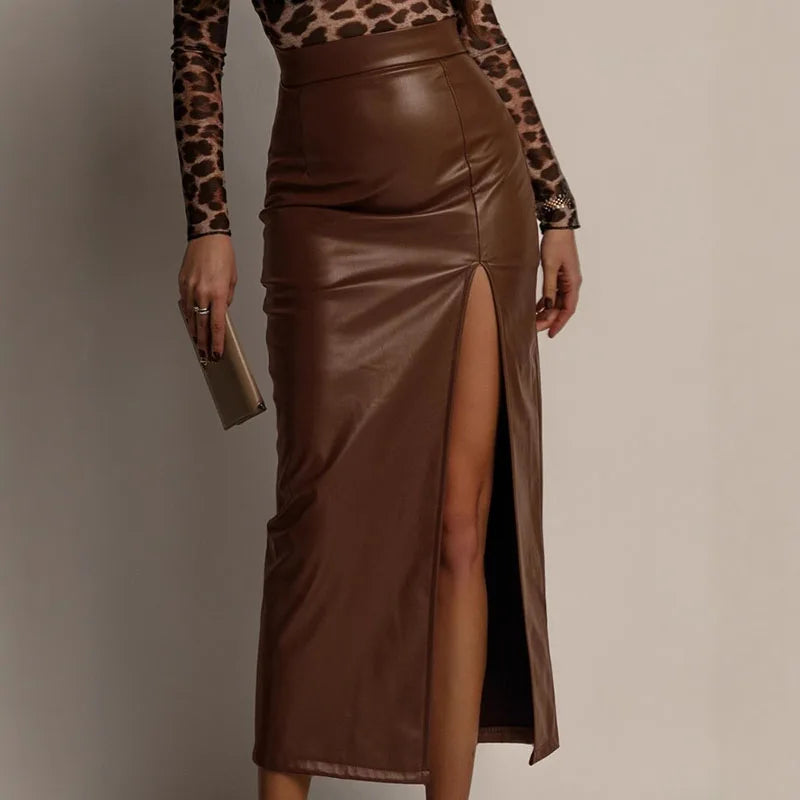 Gonna Tubino in Pelle PU con Spacco – Elegante da Ufficio Donna