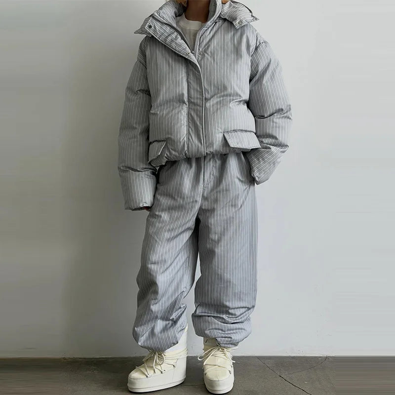 Completo da donna casual con cappotto imbottito in cotone a pois, pantaloni, cappuccio, maniche lunghe, cappotti con cerniera, pantaloni dritti, set da sci invernale 2026