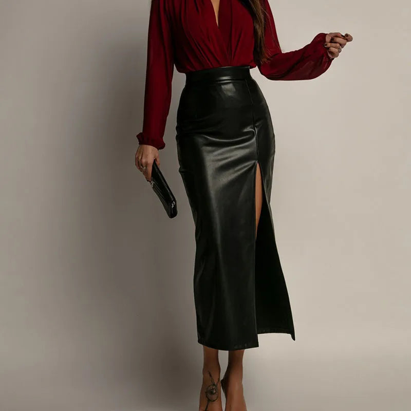 Gonna Tubino in Pelle PU con Spacco – Elegante da Ufficio Donna