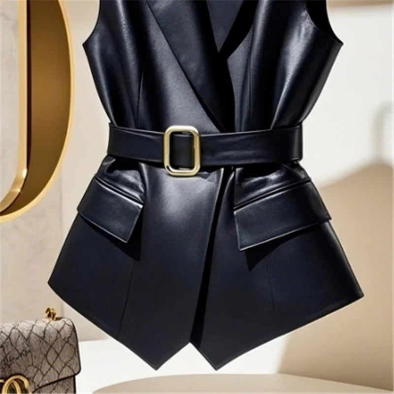 Gilet in Ecopelle Nera con Cintura e Spilla