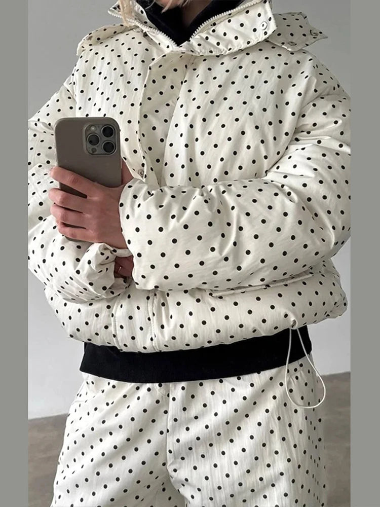 Completo da donna casual con cappotto imbottito in cotone a pois, pantaloni, cappuccio, maniche lunghe, cappotti con cerniera, pantaloni dritti, set da sci invernale 2026