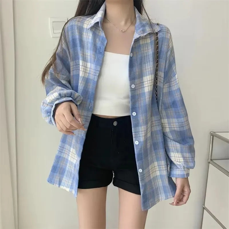 Camicia a quadri Donna Moda Autunno Top a maniche lunghe Camicetta monopetto vintage femminile Camicie a quadri larghe stile preppy da donna