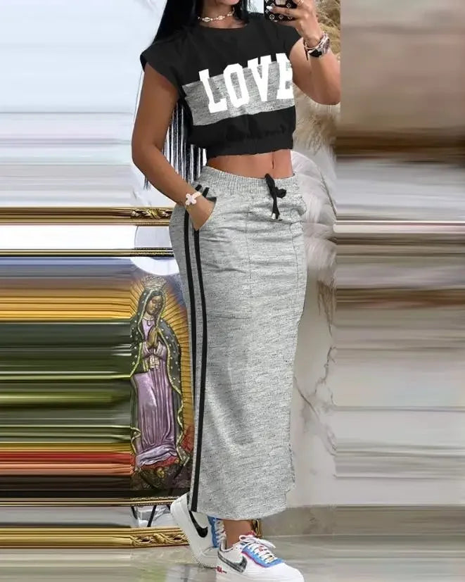 2025 Set da due pezzi estivi Completi da donna Stampa di moda Colorblock O-Collo Manica corta Crop Top e set gonna casual con tasca a righe
