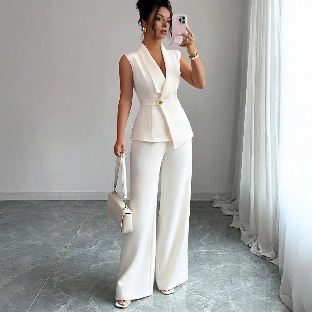 Completi da lavoro da donna in 2 pezzi, blazer casual senza maniche, gilet, pantaloni a gamba larga, set da lavoro elegante per ufficio