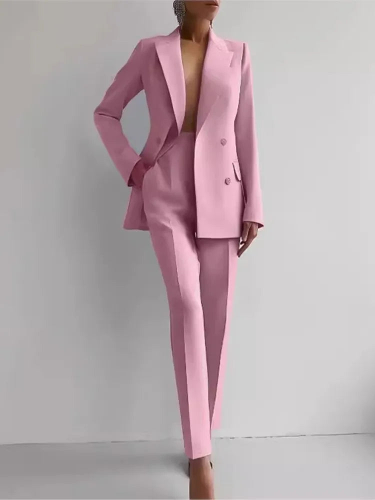 Completo casual primaverile a maniche lunghe Set autunno elegante da ufficio Lady Solid Slim Top Blazer Pantaloni Set da due pezzi Completo da donna 2025