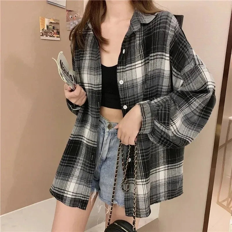 Camicia a quadri Donna Moda Autunno Top a maniche lunghe Camicetta monopetto vintage femminile Camicie a quadri larghe stile preppy da donna