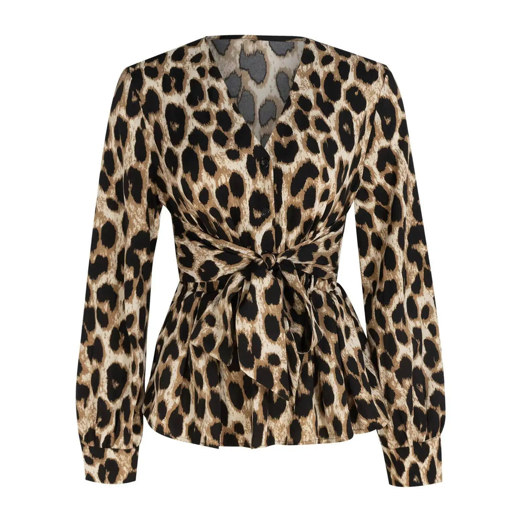 Camicetta da donna primavera estate con stampa leopardata, scollo a V, maniche lunghe, laccio in vita, orlo arricciato, vestibilità slim, trendy, casual, per tutti i giorni, top per appuntamenti