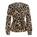 Camicetta da donna primavera estate con stampa leopardata, scollo a V, maniche lunghe, laccio in vita, orlo arricciato, vestibilità slim, trendy, casual, per tutti i giorni, top per appuntamenti
