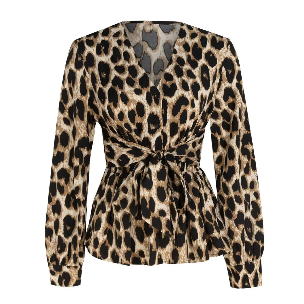 Camicetta da donna primavera estate con stampa leopardata, scollo a V, maniche lunghe, laccio in vita, orlo arricciato, vestibilità slim, trendy, casual, per tutti i giorni, top per appuntamenti