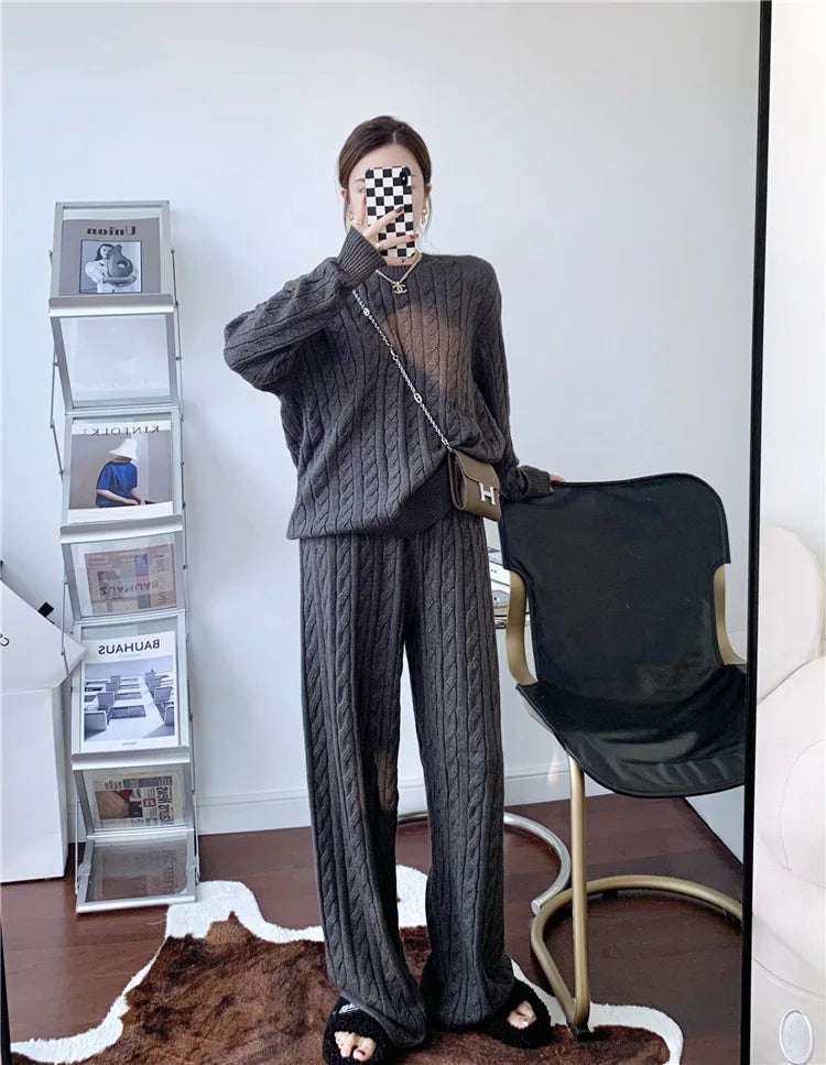 Abito lavorato a maglia per donna autunno e inverno nuovo maglione intrecciato + pantaloni a gamba larga set da due pezzi