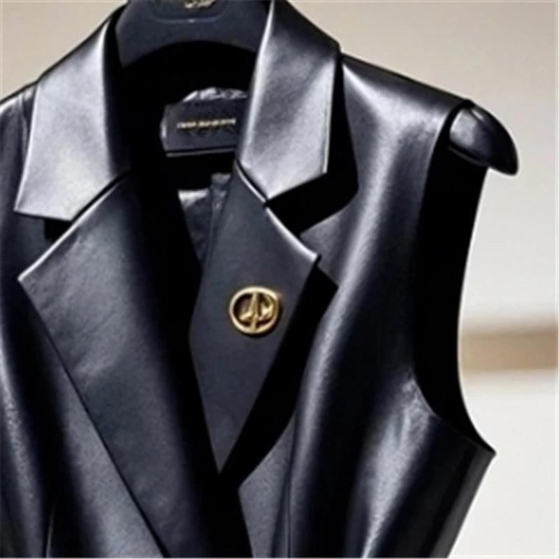 Gilet in Ecopelle Nera con Cintura e Spilla