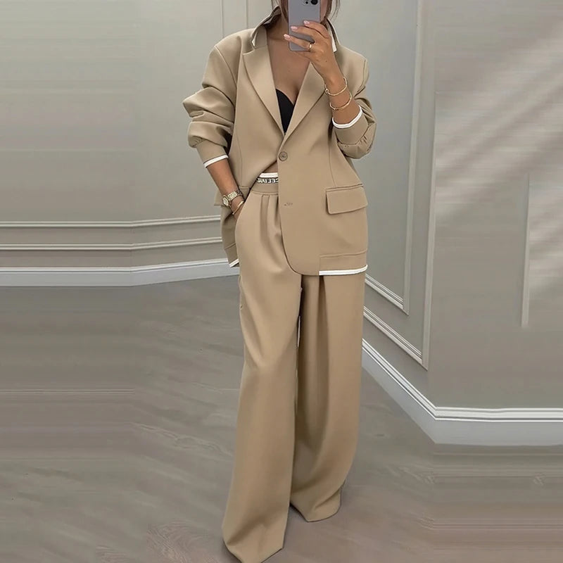 Completo da donna casual Set autunno sexy colletto rovesciato giacca con bottoni e pantaloni a gamba dritta Set completo invernale a maniche lunghe solido