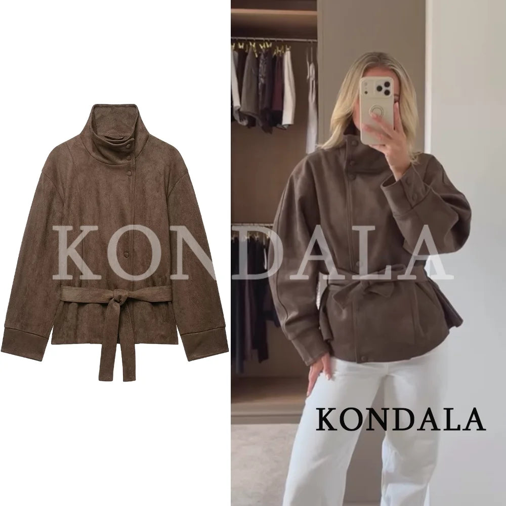 Cappotto Donna Vintage con Cintura in Finta Pelle Scamosciata