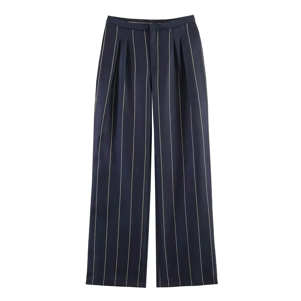 Completo da Donna con Risvolto, Manica Corta, Misto Lino, a Righe, Blazer Corto, Pantaloni a Gamba Dritta, Elegante Moda Casual da Ufficio
