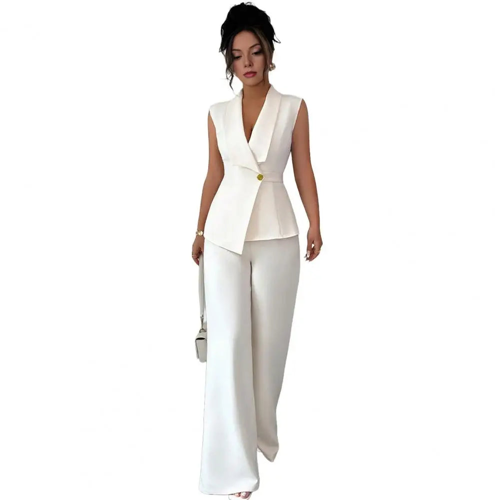Completi da lavoro da donna in 2 pezzi, blazer casual senza maniche, gilet, pantaloni a gamba larga, set da lavoro elegante per ufficio
