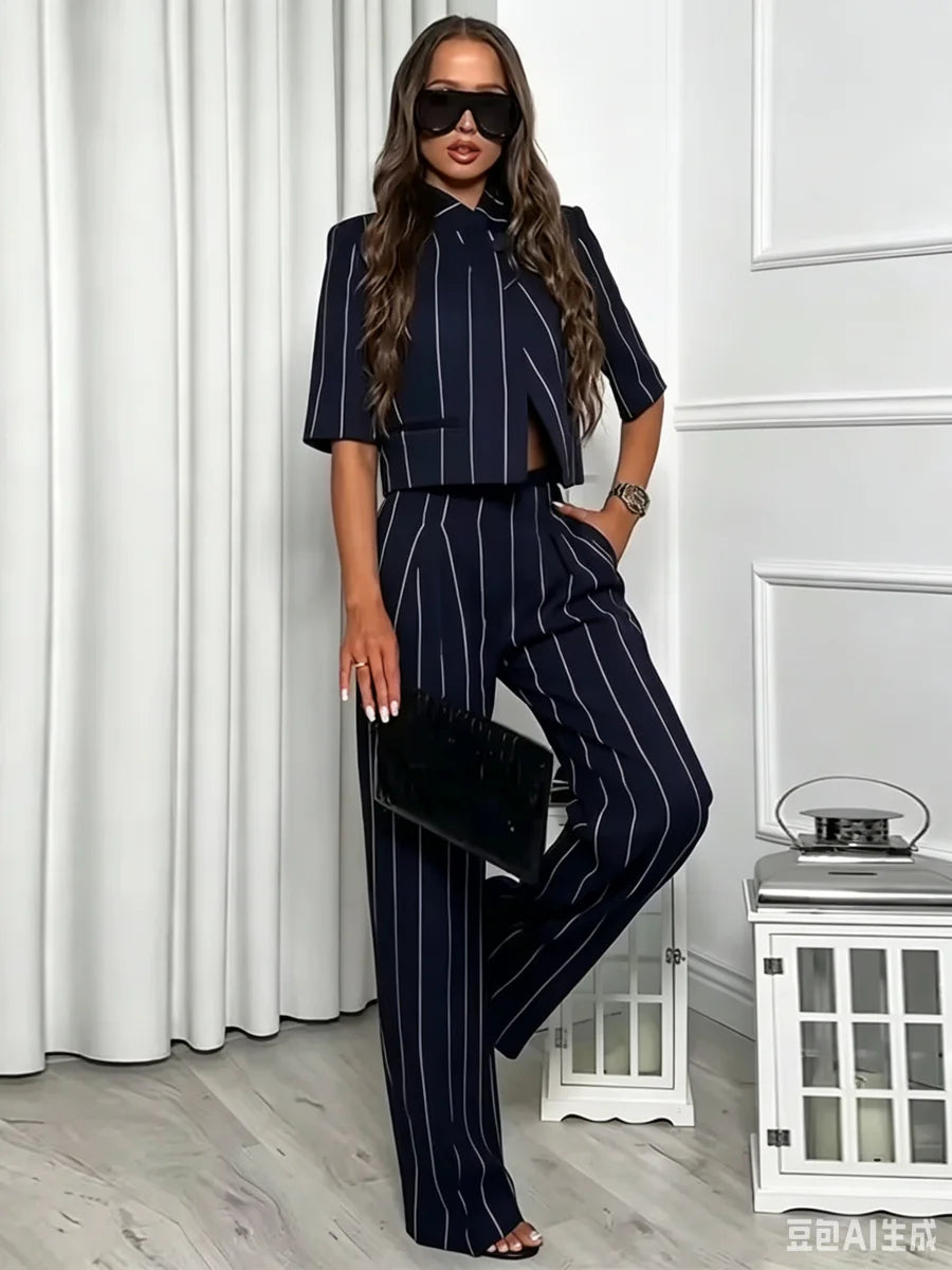 Completo da Donna con Risvolto, Manica Corta, Misto Lino, a Righe, Blazer Corto, Pantaloni a Gamba Dritta, Elegante Moda Casual da Ufficio