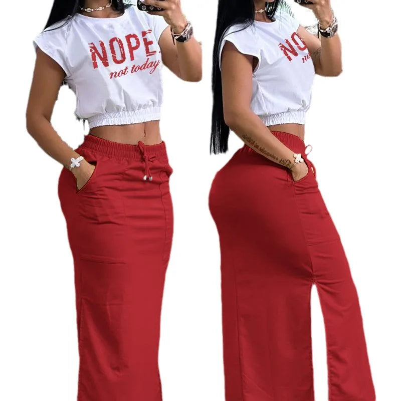 2025 Set da due pezzi estivi Completi da donna Stampa di moda Colorblock O-Collo Manica corta Crop Top e set gonna casual con tasca a righe