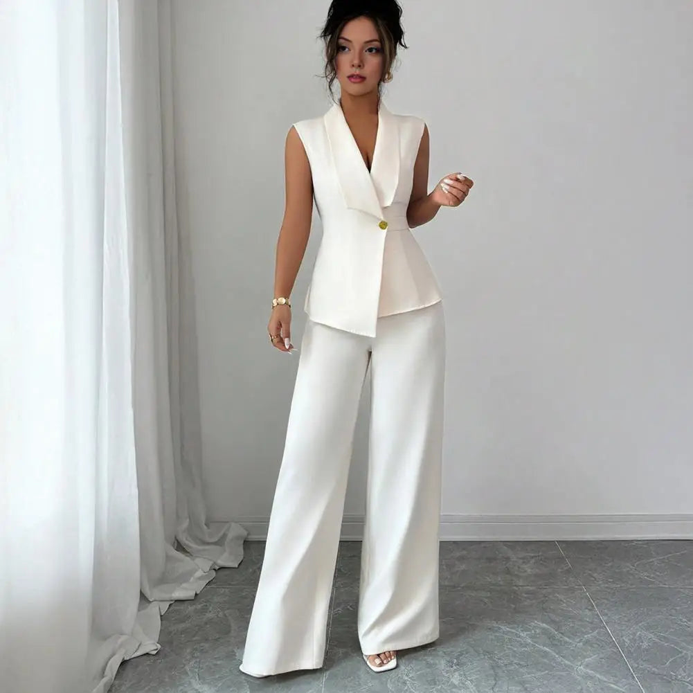 Completi da lavoro da donna in 2 pezzi, blazer casual senza maniche, gilet, pantaloni a gamba larga, set da lavoro elegante per ufficio