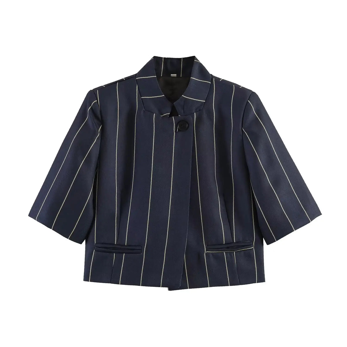 Completo da Donna con Risvolto, Manica Corta, Misto Lino, a Righe, Blazer Corto, Pantaloni a Gamba Dritta, Elegante Moda Casual da Ufficio