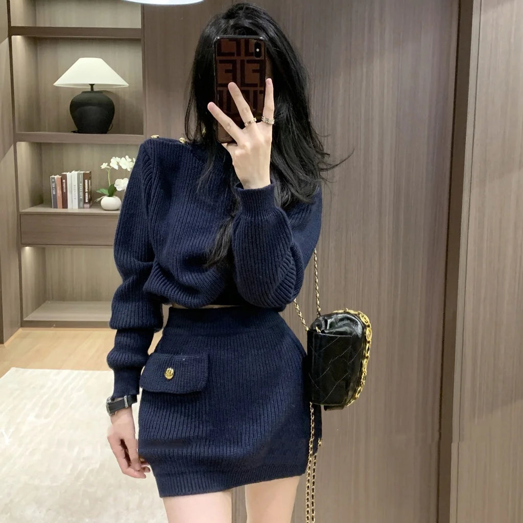 Maglione pullover sottile Top corto + minigonna Set abito da donna Autunno Inverno Set due pezzi Completo Y2k Streetwear