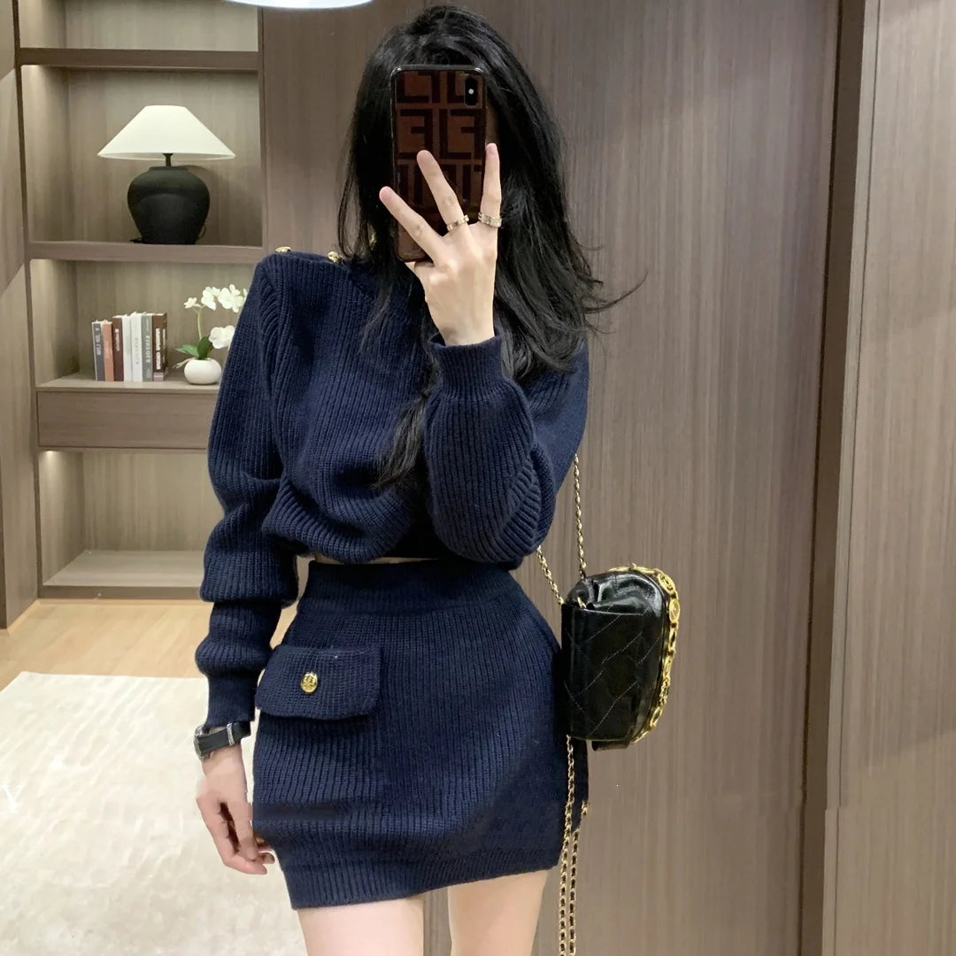 Maglione pullover sottile Top corto + minigonna Set abito da donna Autunno Inverno Set due pezzi Completo Y2k Streetwear