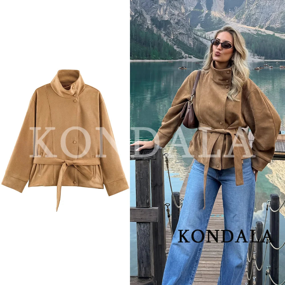 Cappotto Donna Vintage con Cintura in Finta Pelle Scamosciata