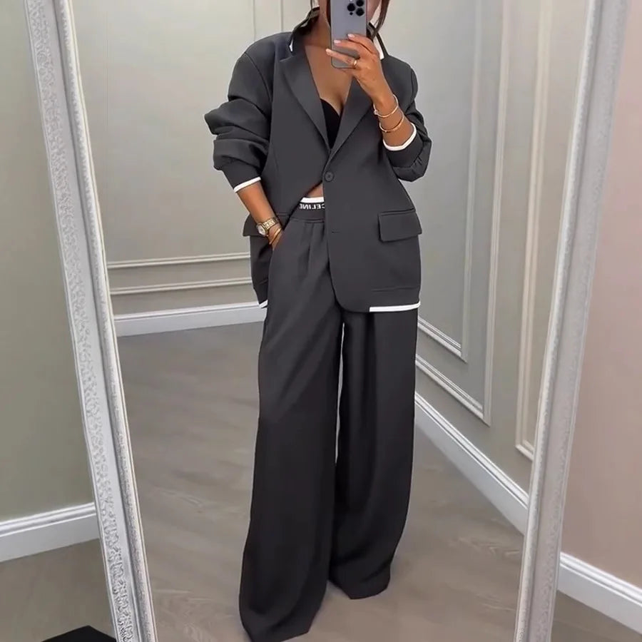 Set Due Pezzi Donna – Giacca e Pantaloni a Gamba Larga Office Lady