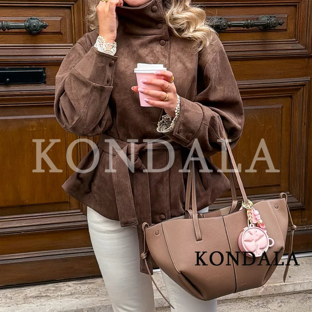 Cappotto Donna Vintage con Cintura in Finta Pelle Scamosciata