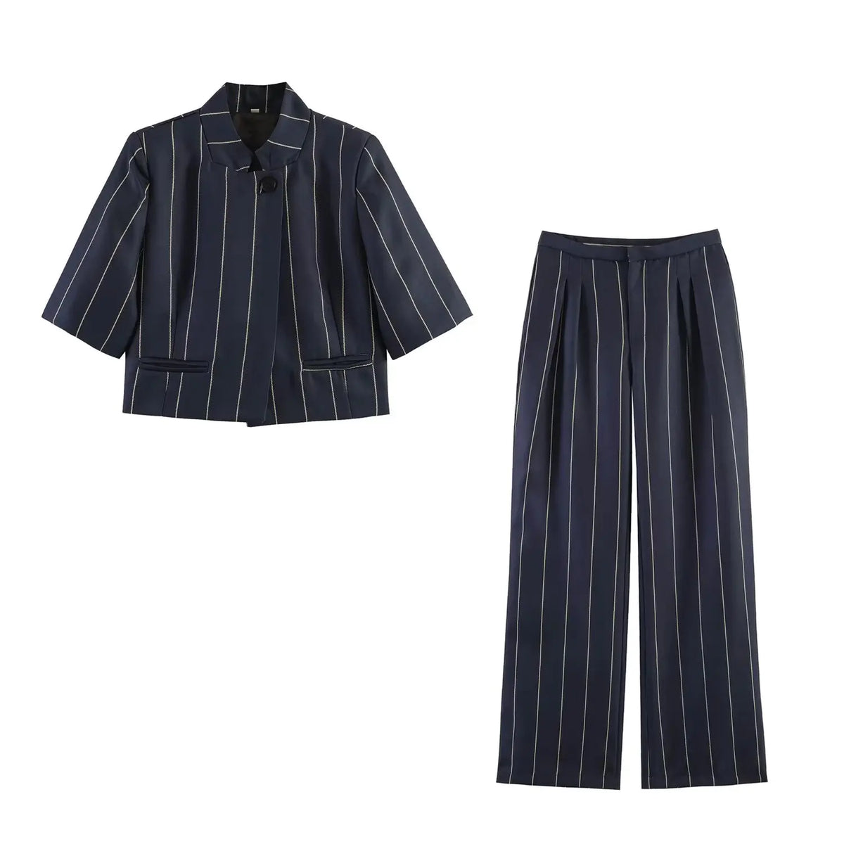 Completo da Donna con Risvolto, Manica Corta, Misto Lino, a Righe, Blazer Corto, Pantaloni a Gamba Dritta, Elegante Moda Casual da Ufficio