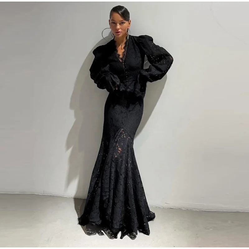 Completo da donna con gonna in pizzo, scollo a V, maniche a campana, top a vita aderente, elegante abito a sirena da sera, completo due pezzi, abbigliamento primaverile