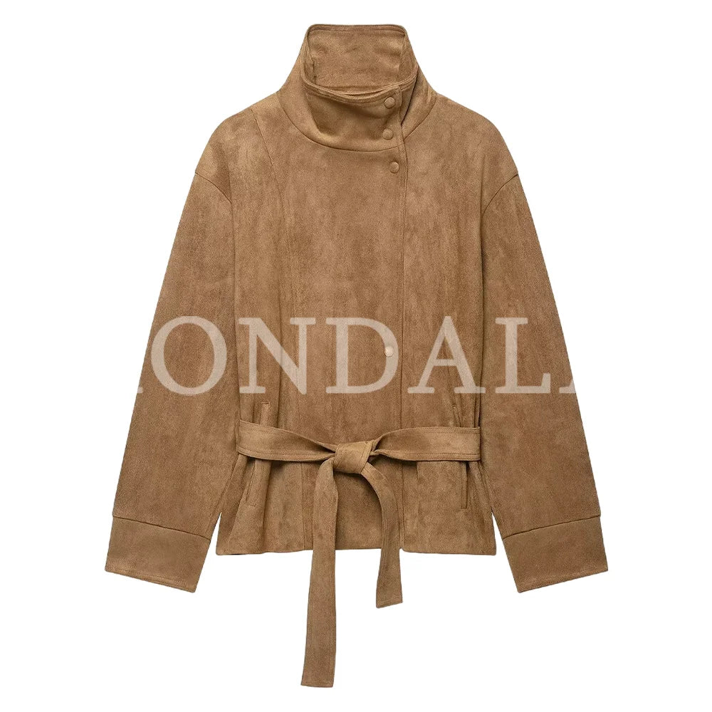 Cappotto Donna Vintage con Cintura in Finta Pelle Scamosciata