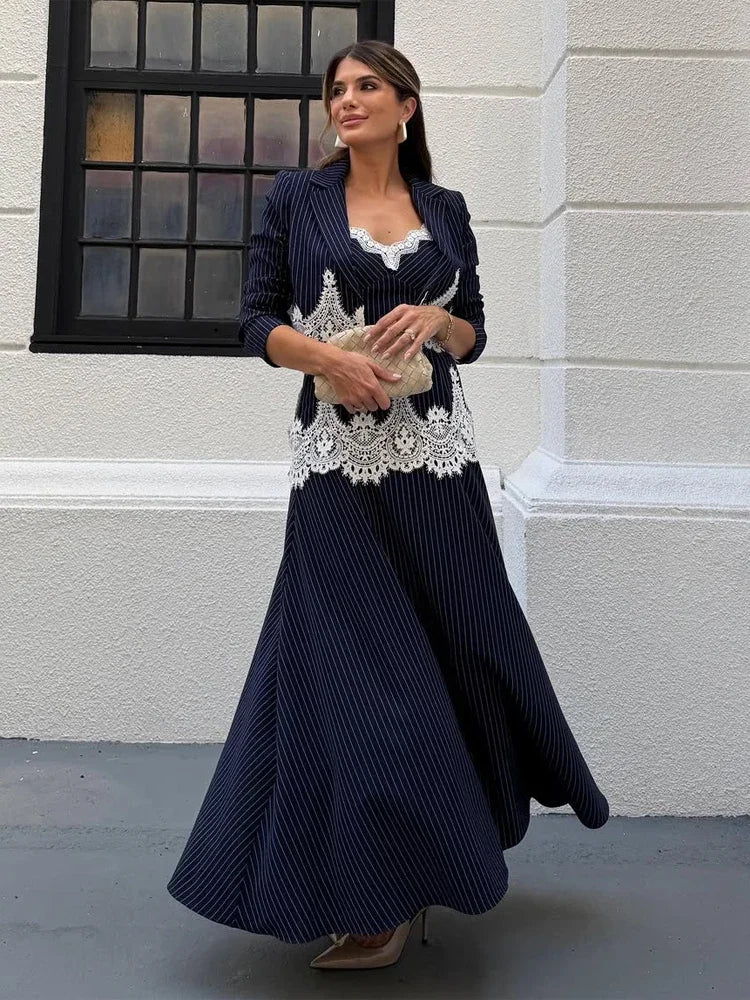 Elegante Completo a 3 Pezzi con Inserti in Pizzo a Righe, Top a Bretelle Chic, Blazer Corto e Gonna Lunga, Set da Donna 2026 per Lavoro e Feste