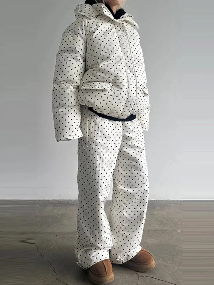 Completo da donna casual con cappotto imbottito in cotone a pois, pantaloni, cappuccio, maniche lunghe, cappotti con cerniera, pantaloni dritti, set da sci invernale 2026