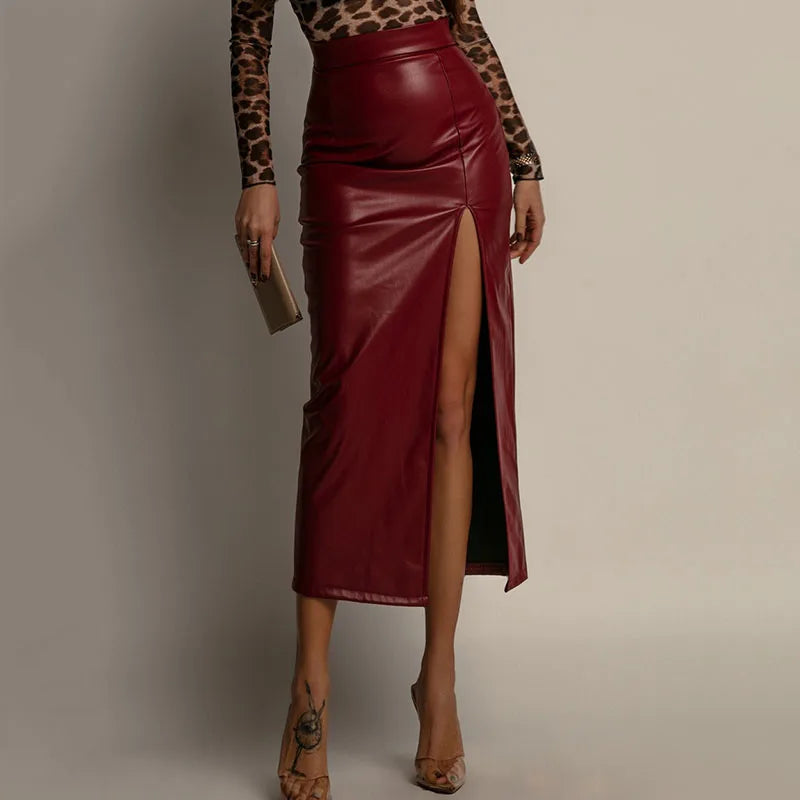 Gonna Tubino in Pelle PU con Spacco – Elegante da Ufficio Donna