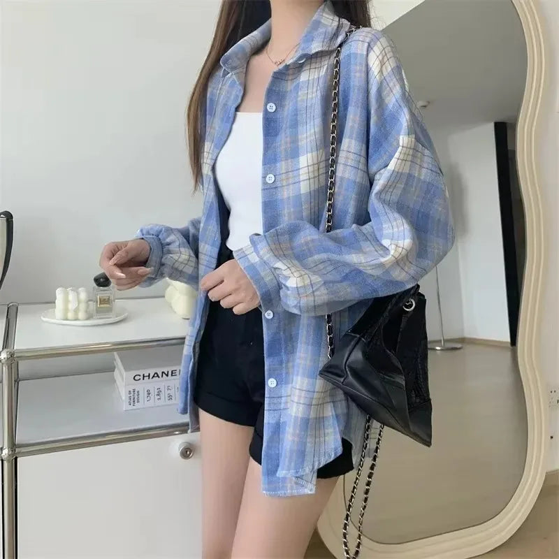 Camicia a quadri Donna Moda Autunno Top a maniche lunghe Camicetta monopetto vintage femminile Camicie a quadri larghe stile preppy da donna
