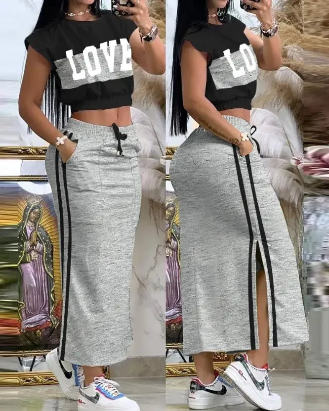 2025 Set da due pezzi estivi Completi da donna Stampa di moda Colorblock O-Collo Manica corta Crop Top e set gonna casual con tasca a righe