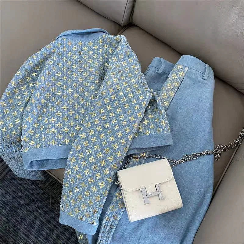 2025 Primavera Autunno Nuovo Set da 2 pezzi Coreano Stile Hong Kong Design Senso monopetto Cappotto corto da donna Set di pantaloni slim retrò