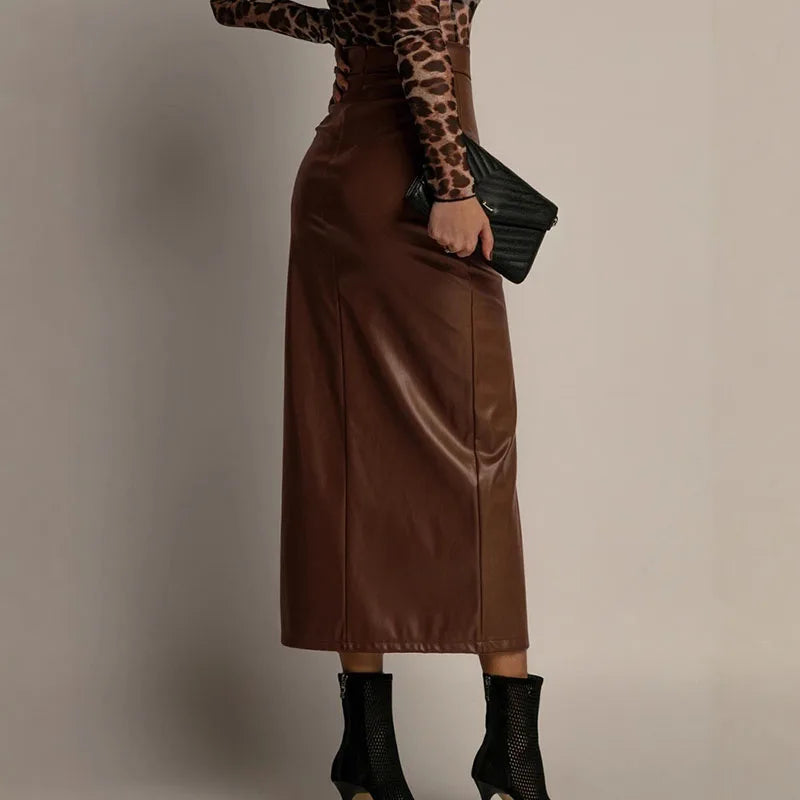 Gonna Tubino in Pelle PU con Spacco – Elegante da Ufficio Donna