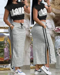 2025 Set da due pezzi estivi Completi da donna Stampa di moda Colorblock O-Collo Manica corta Crop Top e set gonna casual con tasca a righe