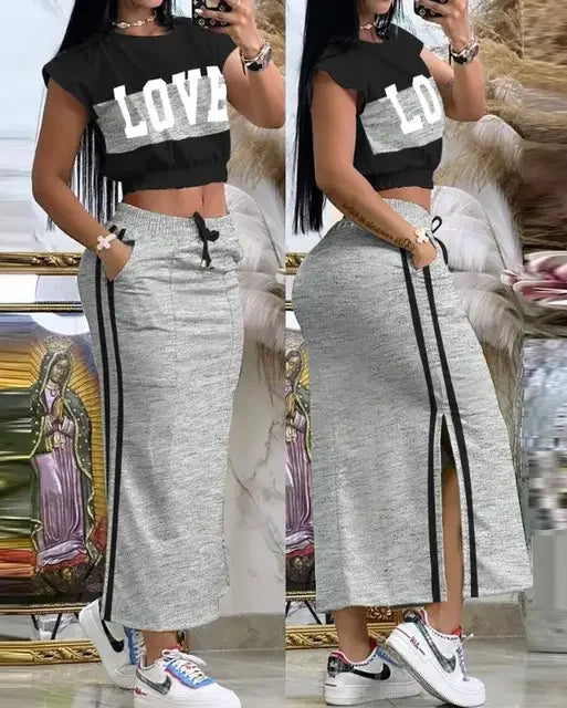 2025 Set da due pezzi estivi Completi da donna Stampa di moda Colorblock O-Collo Manica corta Crop Top e set gonna casual con tasca a righe