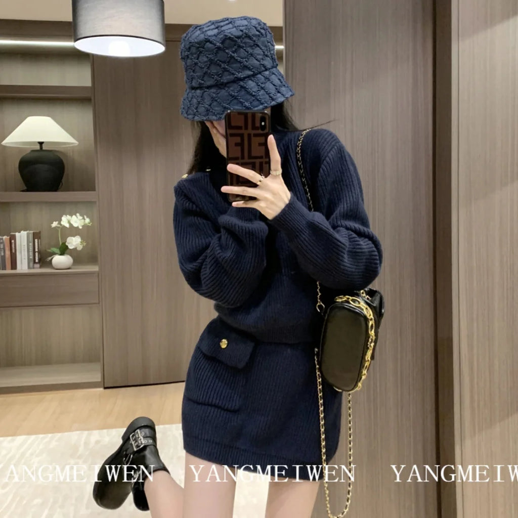 Maglione pullover sottile Top corto + minigonna Set abito da donna Autunno Inverno Set due pezzi Completo Y2k Streetwear